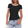 imageDarong Women Summer Short Sleeve Shirts Crewneck Striped Color Block T Shirts Slim Fit Ribbed Knit Basic Tee TopsBlack