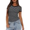 imageDarong Women Summer Short Sleeve Shirts Crewneck Striped Color Block T Shirts Slim Fit Ribbed Knit Basic Tee TopsBlack White Stripe