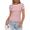 imageDarong Women Summer Short Sleeve Shirts Crewneck Striped Color Block T Shirts Slim Fit Ribbed Knit Basic Tee TopsLight Pink