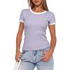 imageDarong Women Summer Short Sleeve Shirts Crewneck Striped Color Block T Shirts Slim Fit Ribbed Knit Basic Tee TopsTaro Purple