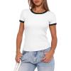 imageDarong Women Summer Short Sleeve Shirts Crewneck Striped Color Block T Shirts Slim Fit Ribbed Knit Basic Tee TopsWhite