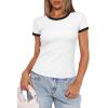 imageDarong Women Summer Short Sleeve Shirts Crewneck Striped Color Block T Shirts Slim Fit Ribbed Knit Basic Tee TopsWhite