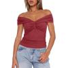 imageDarong Women Summer Twist Knot Front Off The Shoulder Tank Tops Cap Sleeve Going Out Shirts Slim Fitted Y2K OutfitsBrick Red