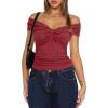 imageDarong Women Summer Twist Knot Front Off The Shoulder Tank Tops Cap Sleeve Going Out Shirts Slim Fitted Y2K OutfitsBrick Red