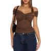 imageDarong Women Summer Twist Knot Front Off The Shoulder Tank Tops Cap Sleeve Going Out Shirts Slim Fitted Y2K OutfitsCoffee