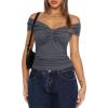imageDarong Women Summer Twist Knot Front Off The Shoulder Tank Tops Cap Sleeve Going Out Shirts Slim Fitted Y2K OutfitsGrey