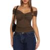 imageDarong Women Summer Twist Knot Front Off The Shoulder Tank Tops Cap Sleeve Going Out Shirts Slim Fitted Y2K OutfitsKhaki