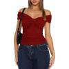 imageDarong Women Summer Twist Knot Front Off The Shoulder Tank Tops Cap Sleeve Going Out Shirts Slim Fitted Y2K OutfitsRed