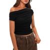 imageDarong Womens Summer Cap Sleeve Boat Neck Off Shoulder Top Going Out Slim Fit Tops Y2K Tight ShirtsBlack