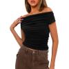 imageDarong Womens Summer Cap Sleeve Boat Neck Off Shoulder Top Going Out Slim Fit Tops Y2K Tight ShirtsBlack