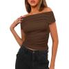 imageDarong Womens Summer Cap Sleeve Boat Neck Off Shoulder Top Going Out Slim Fit Tops Y2K Tight ShirtsCoffee