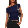 imageDarong Womens Summer Cap Sleeve Boat Neck Off Shoulder Top Going Out Slim Fit Tops Y2K Tight ShirtsDark Blue