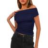 imageDarong Womens Summer Cap Sleeve Boat Neck Off Shoulder Top Going Out Slim Fit Tops Y2K Tight ShirtsDark Blue