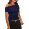 imageDarong Womens Summer Cap Sleeve Boat Neck Off Shoulder Top Going Out Slim Fit Tops Y2K Tight ShirtsDark Blue