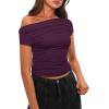 imageDarong Womens Summer Cap Sleeve Boat Neck Off Shoulder Top Going Out Slim Fit Tops Y2K Tight ShirtsDark Purple