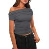 imageDarong Womens Summer Cap Sleeve Boat Neck Off Shoulder Top Going Out Slim Fit Tops Y2K Tight ShirtsGrey