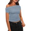 imageDarong Womens Summer Cap Sleeve Boat Neck Off Shoulder Top Going Out Slim Fit Tops Y2K Tight ShirtsGrey Blue