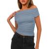 imageDarong Womens Summer Cap Sleeve Boat Neck Off Shoulder Top Going Out Slim Fit Tops Y2K Tight ShirtsGrey Blue