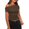 imageDarong Womens Summer Cap Sleeve Boat Neck Off Shoulder Top Going Out Slim Fit Tops Y2K Tight ShirtsKhaki