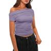 imageDarong Womens Summer Cap Sleeve Boat Neck Off Shoulder Top Going Out Slim Fit Tops Y2K Tight ShirtsLight Purple