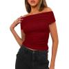 imageDarong Womens Summer Cap Sleeve Boat Neck Off Shoulder Top Going Out Slim Fit Tops Y2K Tight ShirtsRed