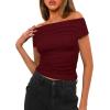 imageDarong Womens Summer Cap Sleeve Boat Neck Off Shoulder Top Going Out Slim Fit Tops Y2K Tight ShirtsWine Red