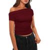 imageDarong Womens Summer Cap Sleeve Boat Neck Off Shoulder Top Going Out Slim Fit Tops Y2K Tight ShirtsWine Red