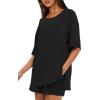 imageDarong Womens Two Piece Loungewear Set Summer Casual Boxy Shirts Drawstring Shorts Matching Airport Travel OutfitBlack