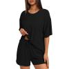 imageDarong Womens Two Piece Loungewear Set Summer Casual Boxy Shirts Drawstring Shorts Matching Airport Travel OutfitBlack