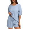 imageDarong Womens Two Piece Loungewear Set Summer Casual Boxy Shirts Drawstring Shorts Matching Airport Travel OutfitBlue