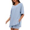 imageDarong Womens Two Piece Loungewear Set Summer Casual Boxy Shirts Drawstring Shorts Matching Airport Travel OutfitBlue