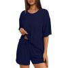 imageDarong Womens Two Piece Loungewear Set Summer Casual Boxy Shirts Drawstring Shorts Matching Airport Travel OutfitDark Blue