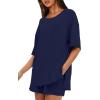 imageDarong Womens Two Piece Loungewear Set Summer Casual Boxy Shirts Drawstring Shorts Matching Airport Travel OutfitDark Blue