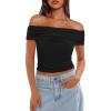 imageDarong Women Mesh Off The Shoulder Top Short Sleeve Double Lined Ruched Shirts Trendy Going Out Tops Summer Fashion ClothesBlack