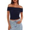 imageDarong Women Mesh Off The Shoulder Top Short Sleeve Double Lined Ruched Shirts Trendy Going Out Tops Summer Fashion ClothesDark Blue