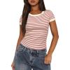 imageDarong Women Summer Short Sleeve Shirts Crewneck Striped Color Block T Shirts Slim Fit Ribbed Knit Basic Tee TopsBeige Rust Stripe