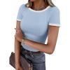 imageDarong Women Summer Short Sleeve Shirts Crewneck Striped Color Block T Shirts Slim Fit Ribbed Knit Basic Tee TopsLight Blue