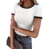 imageDarong Women Summer Short Sleeve Shirts Crewneck Striped Color Block T Shirts Slim Fit Ribbed Knit Basic Tee TopsWhite
