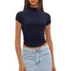 imageDarong Womens Summer Tops Mock Neck Short Sleeve Shirts Casual Basic Going Out Crop Tops Slim Fit T ShirtsDark Blue