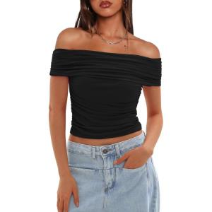 imageDarong Women Mesh Off The Shoulder Top Short Sleeve Double Lined Ruched Shirts Trendy Going Out Tops Summer Fashion ClothesBlack