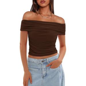 imageDarong Women Mesh Off The Shoulder Top Short Sleeve Double Lined Ruched Shirts Trendy Going Out Tops Summer Fashion ClothesCoffee