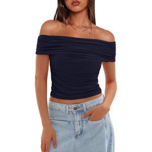 imageDarong Women Mesh Off The Shoulder Top Short Sleeve Double Lined Ruched Shirts Trendy Going Out Tops Summer Fashion ClothesDark Blue