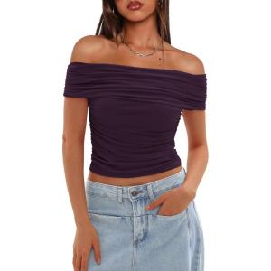 imageDarong Women Mesh Off The Shoulder Top Short Sleeve Double Lined Ruched Shirts Trendy Going Out Tops Summer Fashion ClothesDark Purple