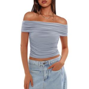 imageDarong Women Mesh Off The Shoulder Top Short Sleeve Double Lined Ruched Shirts Trendy Going Out Tops Summer Fashion ClothesLight Blue