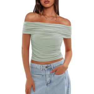 imageDarong Women Mesh Off The Shoulder Top Short Sleeve Double Lined Ruched Shirts Trendy Going Out Tops Summer Fashion ClothesLight Green