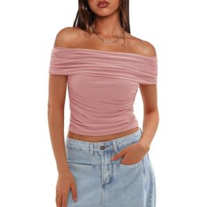 imageDarong Women Mesh Off The Shoulder Top Short Sleeve Double Lined Ruched Shirts Trendy Going Out Tops Summer Fashion ClothesLight Pink