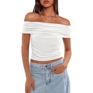 imageDarong Women Mesh Off The Shoulder Top Short Sleeve Double Lined Ruched Shirts Trendy Going Out Tops Summer Fashion ClothesWhite
