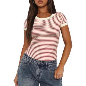 imageDarong Women Summer Short Sleeve Shirts Crewneck Striped Color Block T Shirts Slim Fit Ribbed Knit Basic Tee TopsBeige Rust Stripe