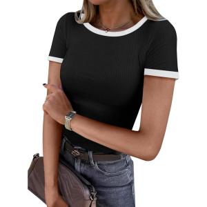 imageDarong Women Summer Short Sleeve Shirts Crewneck Striped Color Block T Shirts Slim Fit Ribbed Knit Basic Tee TopsBlack