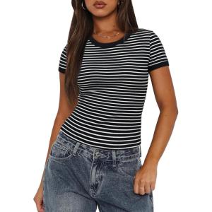 imageDarong Women Summer Short Sleeve Shirts Crewneck Striped Color Block T Shirts Slim Fit Ribbed Knit Basic Tee TopsBlack White Stripe
